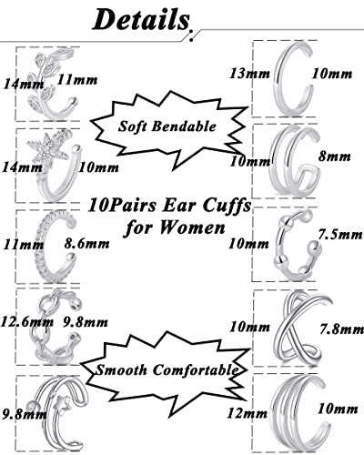 Tornito 4-10 Pairs Stainless Steel Ear Cuff Helix Cartilage Clip On Wrap Earrings Fake Nose Ring Non-Piercing Adjustable - color: A7:10Pairs, Silver Tone