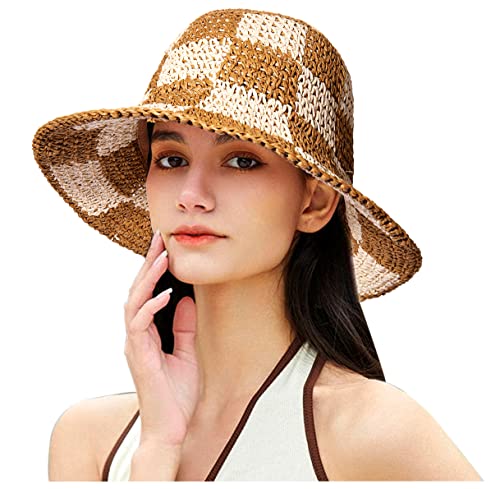 Sun Hats Checkerboard Straw Bucket Hat for Women Packable Crochet Wide Brim Floppy Beach Hats Traveling Summer Accessories - color: Beige