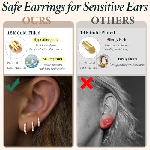 Poxtex Small Sterling Silver Huggie Hoop Earrings Set for Women, Hypoallergenic 14K Gold Plated Hoops Stacks for Multiple Piercings, Dainty Cute Mini Lightweight Cartilage Studs Trendy Jewelry Gift - color: Gold-cz hoops 8 10 12