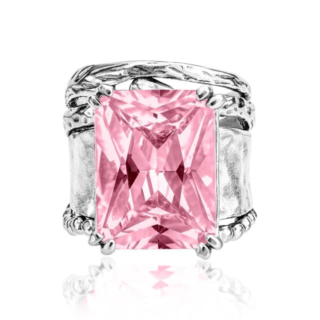 JEAN RACHEL JEWELRY 925 Sterling Silver Ring - Hammered Vintage Design with Octagon Shaped Cubic Zirconia - Hypoallergenic, Lead & Nickel Free - Artisan Handcrafted Statement Rings for Women - color: Pink CZ