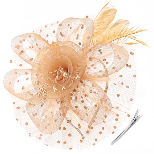 DRESHOW Fascinators Hat Flower Mesh Ribbons Feathers on a Headband and a Clip Tea Party Headwear for Girls and Women - color: 7" Diameter / Gold