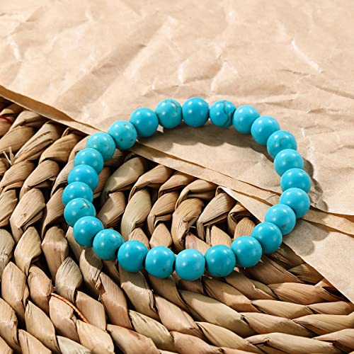 Turquoise Bracelet for Women, 8mm Beaded Stretchable Unisex Bracelet, Boho Turquoise Bead Bracelet Stone Beaded Bracelets Turquoise Jewelry for Women - color: Round