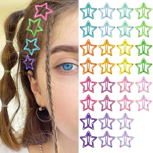 Star Hair Clips Snap Hair Barrettes Non Slip Star Hair Accessories Multiple Colors Metal Hair Clips for Girls Women -30 PCS 1.18" - color: 30 P -1.18"-Spotted color