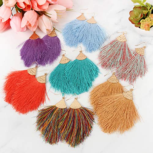 Bohemian Silky Thread Fan Fringe Tassel Statement Earrings - Lightweight Strand Feather Shape Dangles - color: Feather Fringe - Brown