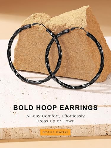 Bestyle 5mm Thick Gold Hoop Earrings Hypoallergenic Hoops for Sensitive Ears Trendy Lightweight Chunky Earrings for Women 30/40/60/80mm - color: 02-Black, size: 80mm