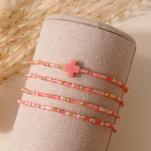 Gold Colorful Beaded Cross Bracelet Stack Set for Women,Handmade Bohemian Seed Beads Stacked Bracelets Fashion Holiday Jewelry Gift - color: Pink