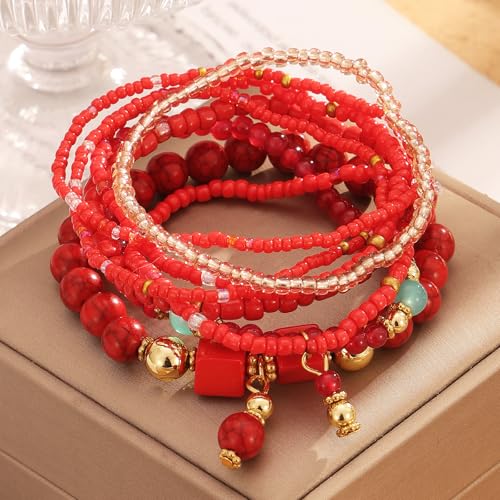 IFKM 8PCS Beaded Bracelets for Women, Multilayered Stackable Strand Stretch Bead Bracelet Pack Handmade Trendy Bohemian Charm Jewelry - color: Red
