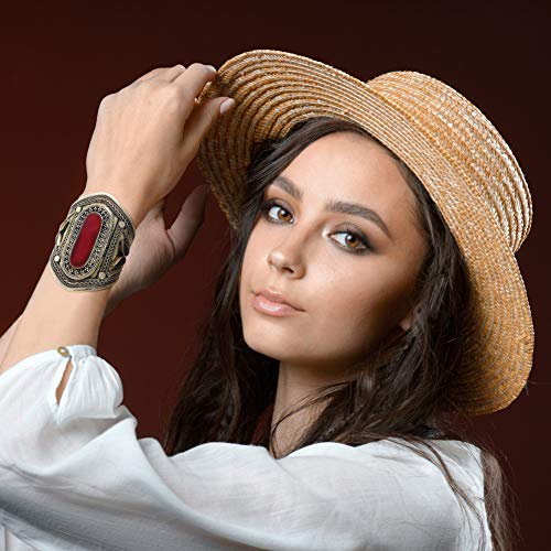 Duel On Jewel Afghan Baloch Tribal Wide Adjustable Cuff Bracelet for Women, Handmade Oxidized Alloy Wrist Cuff with Engraved Kuchi Inspired Design, Statement Bohemian Festival Jewelry, 0.8 to 3.5 Inch - style: Baloch Garnet Red