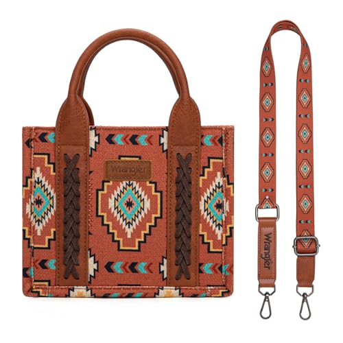 Wrangler Mini Aztec Tote Bag for Women Boho Small Top Handle Purse with Adjustable Strap - color: Boho Brown