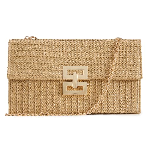 Huralona Women Straw Woven Clutch Purse Pleated Handbag for Summer Beach Vacation Straw Shoulder Crossbody Bag - color: Khaki2