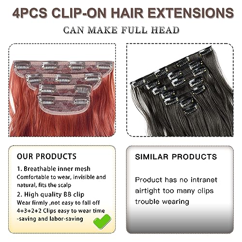20 Inches Clip in Hair Extensions Double Weft Copper Red Long Wavy Hair Extensions for Women 4PCS Thick Hairpieces Synthetic Fiber (Copper Red) - color: Copper Red