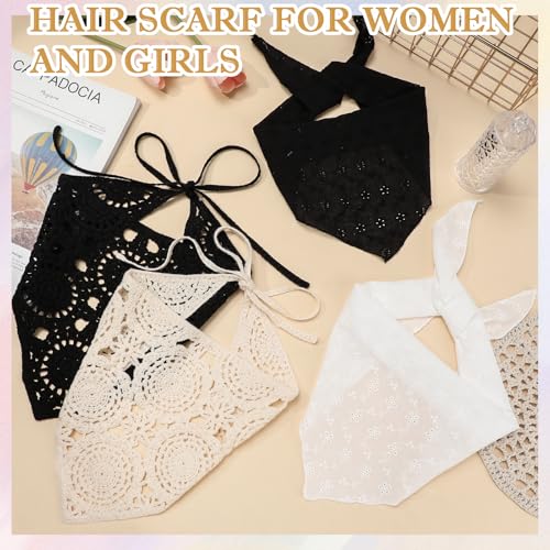 JATEBI 4PCS Women's Floral Lace Mesh Triangle Head Scarves Adjustable Boho Bandanas - color: Black, White and Beige
