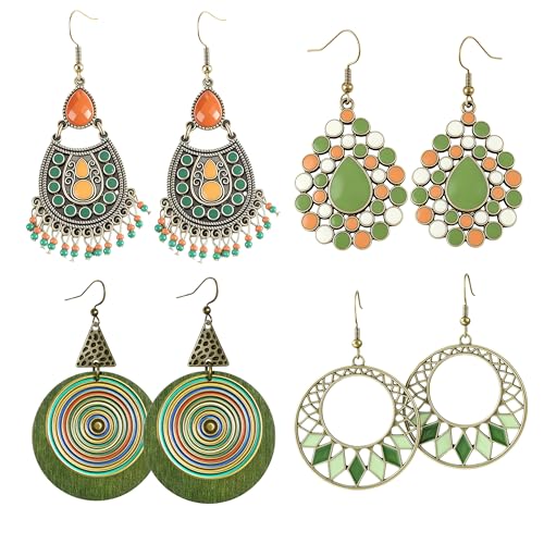 4 Pairs Vintage Boho Earrings for Women Green Bohemian Geometric Tassel Leaf Dangle Earrings Jewelry Accessories Gifts for Beach Festival & Everyday Wear - color: Green B