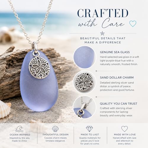 Sterling Silver Sand Dollar Necklace with Blue Sea Glass – Beach Jewelry for Women – Ocean Pendant Gift – Adjustable 18–20" Chain