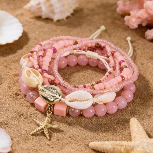 Boho Summer Bracelets for Women, Layered Beach Bracelets Set with Starfish Shell Pearl Charms, Colorful Beaded Bohemian Stackable Jewelry, Elastic Vacation Accessories Summer Outfit Jewelry - color: A2：Pink Bracelet