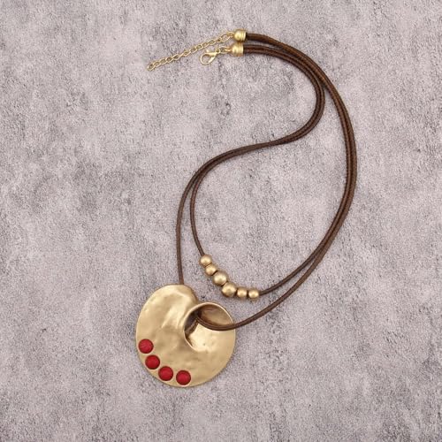 Boho Necklaces for Women Chunky Circle Necklace Layered Boho Circle Leather Choker Necklace Long Vintage Necklaces Bohemian Jewlery Gifts - style: Bohemian Pendant Necklace