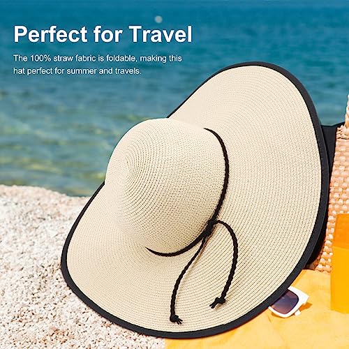 DRESHOW Beach Hats for Women Big Straw Wide Brim Summer Hat Floppy Foldable Roll up Cap Sun Hat UPF 50+ - color: Ab Beige 5.9" Brim