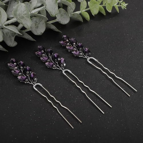 3pcs Purple Rhinestones Hair Piece Set for Wedding Bridal Vintage Hair Styling Jewelry for Women Girls Prom Banquet (Purple) - color: Purple