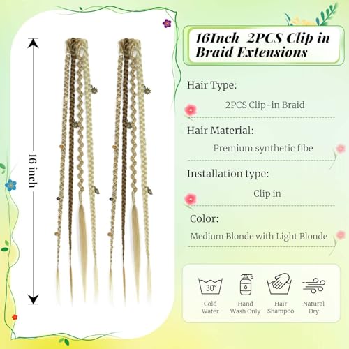 2PCS Boho Dreadlock Clip In Braids with Charms and Beads, Handmade Dreadlock Braids Hair Extensions Synthetic Braided Hairpieces for Women (Medium Blonde with Light Blonde 16 Inch) - color: Medium Blonde with Light Blonde, size: 16 Inch