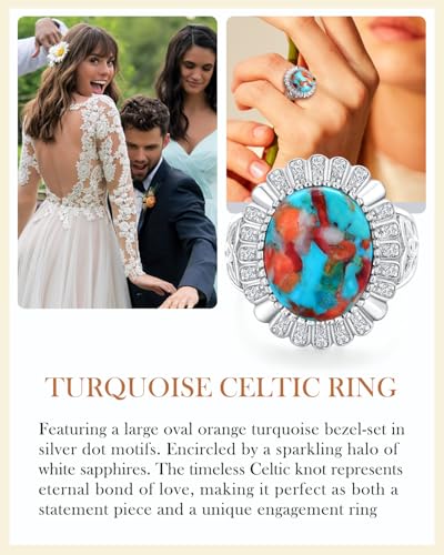 AIBAO 4-12 Ct Large Oval Engagement Rings for Women Natural Turquoise/Lapis Lazuli/Malachite Celtic/Infinity/Love Knot Halo Ring Size 6 to 10 Anniversary Christmas Valentines Gift - style: 7.7 Ct Orange Oyster Turquoise & Created White Sapphire