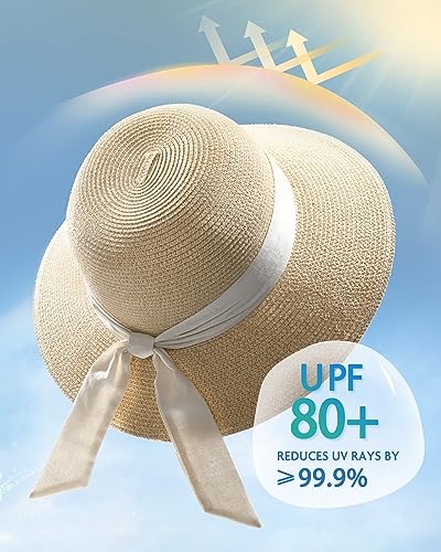 FURTALK Womens Beach Sun Straw Hat UV Protection Travel Packable Foldable Brim Summer UV Hat - color: Mix Beige-beige, size: Large-X-Large