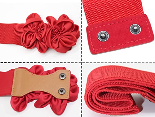 ALAIX Women's Wide Belt Stretchy Chunky Waist Belt Dress Belts Big Flower Cinch Belts Elastic Belts for Women - color: Red, size: Fits Waist (30~34 inches)