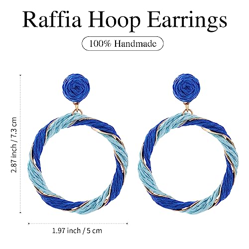 Boho Raffia Hoop Dangle Earrings Twisted - Statement Rattan Round Geometric Earrings For Summer Beach Vacation - color: BLUE