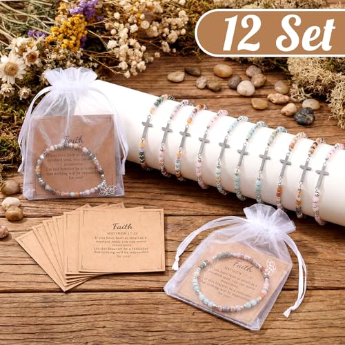 Kingdder 12 Set Christian Cross Bracelets for Women Bulk Adjustable Natural Stone Cross Beads Faith Bracelet Gifts for First Communion Confirmation Birthday Church Groups Gifts - style: Chain