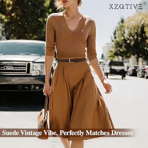 XZQTIVE Women’s Braided Suede Belt – Adjustable Woven Waist Belt with Gold Buckle for Dresses, Jeans & Casual Outfits - color: Black, size: Medium: fits waist from 33"-37"