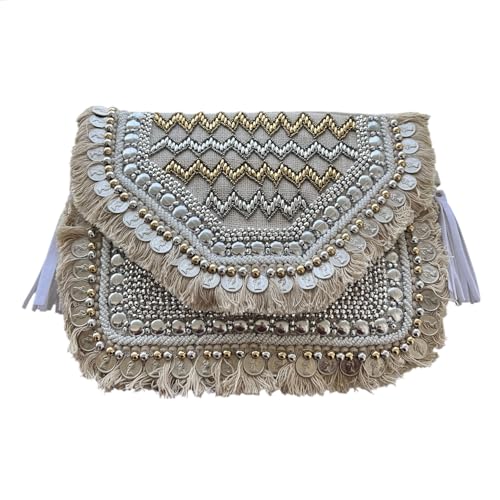 Handcrafted Boho Clutch Purse, Beaded Geometric Pattern with Fringe, Crossbody Evening Bag - color: Taupe and Gold