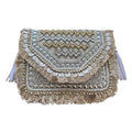 Handcrafted Boho Clutch Purse, Beaded Geometric Pattern with Fringe, Crossbody Evening Bag - color: Taupe and Gold