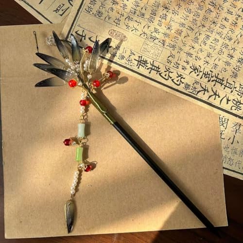 Feather Design Hairpin with Black Resin Leaves & Bamboo Pendant on Natural Wood Stick - Chinese Hanfu Minimalist Hair Accessory for WomenBlack Bamboo) - color: Black Bamboo