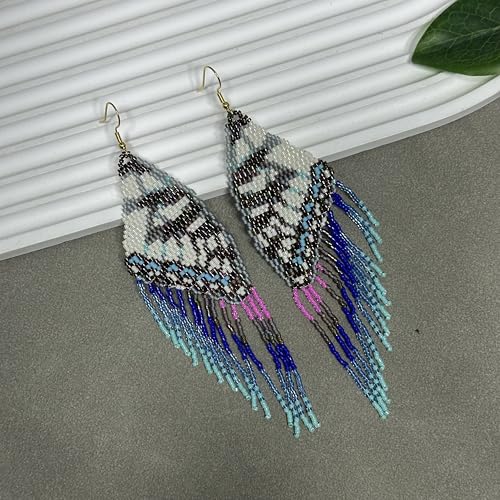 Handmade Seed Beaded Earrings, Lightweight Boho Fringe Dangle Earrings, Glass Bead Drop Jewelry for Everyday Wear & Party, Women Gifts - color: Butterfly wings