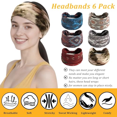 6 Pack Boho Style Women's Headbands, Non slip Fashion Wide Elastic hairband, Daily Sports Yoga Workout Women's Hair Bands,Floral Print-Retro Style - color: Type 7