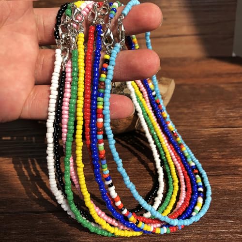 PINK TOWN Colorful Beaded Necklace Bohemian Rice Beads Choker Handmade Summer Beach Necklace for Women - color: Royalblue