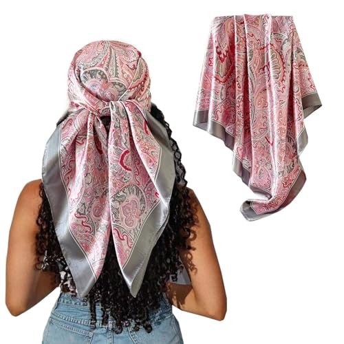 Hexchasty 35”Head Scarf Satin Silk Like Hair Scarf Large Square Head Scarves Bandana Head Wraps Headscarfs for Women Green - color: C-pink Grey