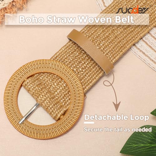 SUOSDEY Straw Woven stretchy Waist Belt for Women Dresses,Wide Boho Braided Elastic Belt with Round Buckle - color: 01-camel, size: Fits waist from 24"-27"