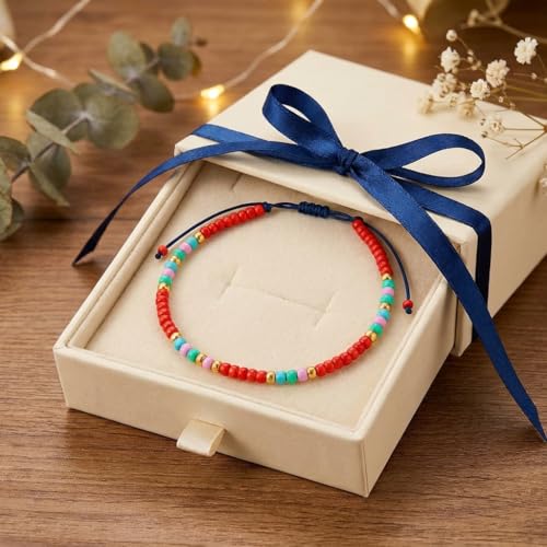 Anklets for Women, Handmade Colorful Beaded Adjustable Gemstone Anklet, Colorful Small Beads Hippie Foot Jewelry, Ankle Bracelet, Boho Style Waterproof, Gift Set with Box & Ribbon - color: Red