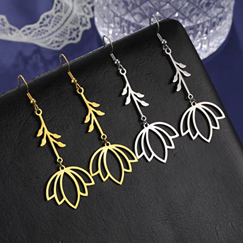 TEAMER Stainless Steel Lotus Flower Dangle Earrings Bohemian Drop Earring Unique Geometric Jewelry for Women - color: Lotus 1-Gold