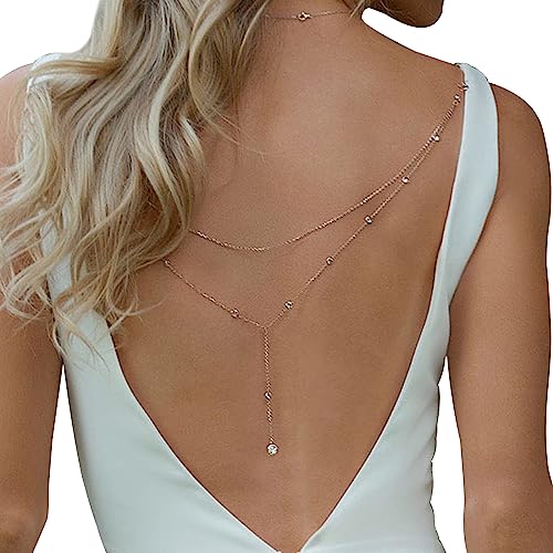 Wedding Multi-layered Rhinestone Back Chain Necklace Layered Bridal Crystal Back Chain Jewelry Festival Rave Rhinestone Backdrop Jewelry Dress Shoulder Body Chain Jewelry for Women - color: Rhinestone-gold