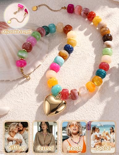 Besteel Chunky Beaded Necklace for Women - Colorful Resin Bead Choker Statement Necklaces with Gold Conch Heart Pendant Trendy Boho Large Summer Beach Jewelry - style: Heart
