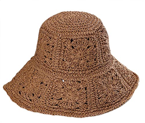 Women Straw Sun Hat Floral Woven Crochet Bucket Hat Y2k Aesthetic Accessories Beach Hat Hand Woven Boho Foldable Cap - color: Khaki