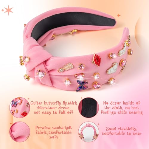 PANTIDE Music Jeweled Knotted Headband - Singer Fans Gift Guitar Red Lip Rhinestone Crystal Embellished Headband Wide Top Knot Fashion Hairband Birthday Back To School Gift for Women Girls (Pink) - color: Pink Music