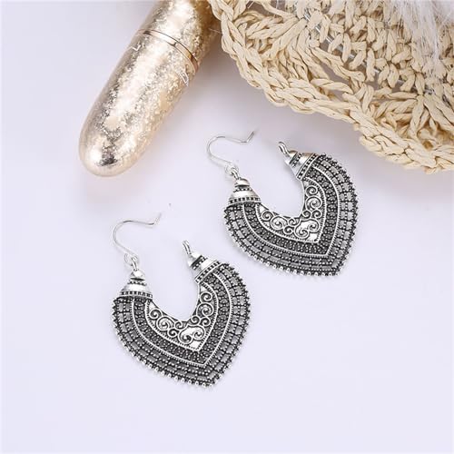 Boho Antique Carved Flower Dangle Drop Earrings for Women Vintage Retro Handmade Hollowed Antiqued Bronze Floral Shaped Geometric Gold Silver Plated Hoop Earrings for Ethnic Style Jewelry Gifts - color: Teardrop silver earring