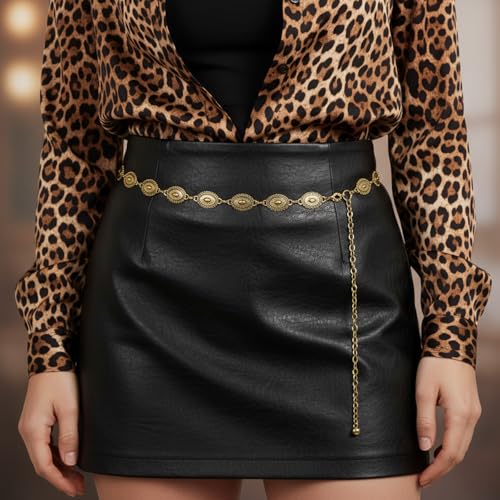 2 PCS Western Concho Belts for Women, Metal Chain Belt for Women Gold Coin Adjustable Cowgirl Belts, Boho Waist Dancers Belt with Silver Gold Colors for Dresses Jeans Country Concert