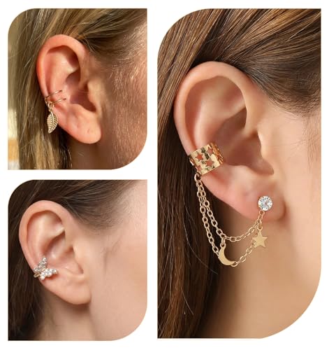 22 Pcs Gold Ear Cuffs Non Piercing, Lightweight Adjustable Clip On Earrings Fake Piercing, Skin-Friendly Cartilage Butterfly Chain Twist Helix Leaf Wrap Earrings Set, Trendy Jewelry for Women