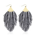 Bohemian Silky Thread Fan Fringe Tassel Statement Earrings - Lightweight Strand Feather Shape Dangles - color: Feather Fringe - Black Grey