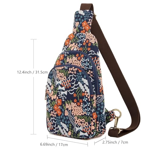 SILKAREA Canvas Sling Bag for Wome Crossbody Purse Small Sling Backpack Purse Travel Hiking Chest Bag Daypack - color: Embroidered Blue