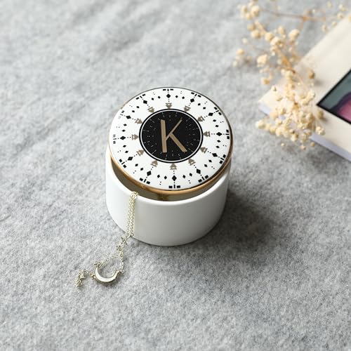 COLLECTIVE HOME - Monogram Jewelry Box, Bohemian Ceramic Trinket Box, Storage for Necklace Ring Bracelet Keys, Birthday Mother's Day Christmas Gift for Women, 3.25" x 2.5" (K) - color: K