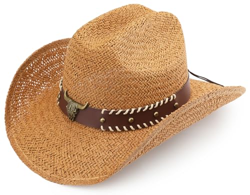Straw Cowboy Hat, Western Cowgirl Hat, Wide Brim Sun Beach Hat for Men and Women - color: Khaki-m22